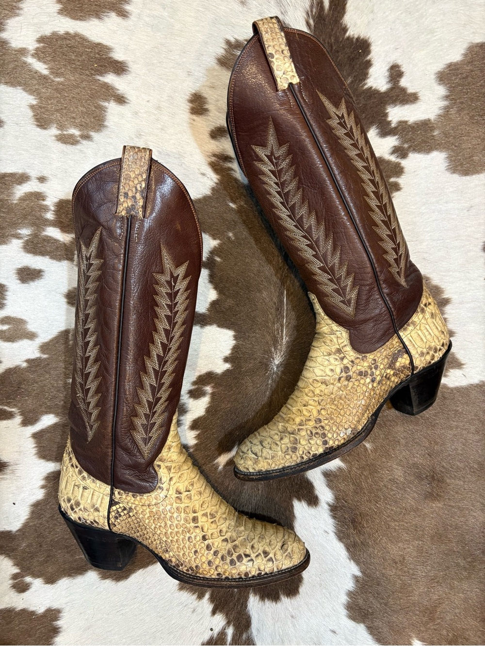 Panhandle Slim Brown and Cream Snakeskin Western Heeled Boots